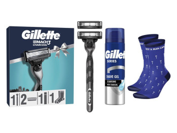 Набір подарунковий Gillette Mach3 Charcoal, бритва, 2 касети, гель для гоління, шкарпетки