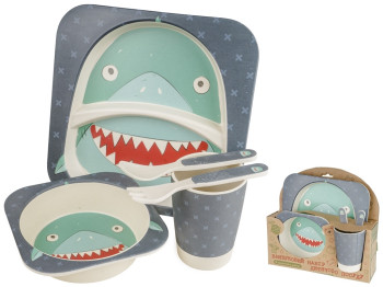Набір дитячого бамбукового посуду 5 предметів Stenson Акула (2 тарілки, вилка, ложка, склянка)