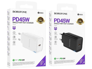 Сетевое зарядное устройство Borofone BA86A, 1×USB-C, 45Вт, PD/QC, кабель Type-C–Type-C, цвет белый