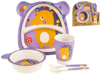 Набор детской бамбуковой посуды 5 предметов Stenson Ежик (2 тарелки, вилка, ложка, чашка)