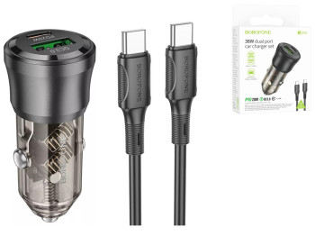 Автомобільний Зарядний Пристрій Borofone BZ25 1USB/1USB-C QC/PD38W+Type-C to Type-C Колір Прозоро-чо