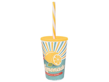 Стакан пластиковый Нerevin с трубочкой и плоской крышкой Lemonade, 650мл 8690069650586