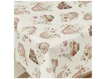 Клеенка Lino, на тканевой основе, ПВХ, 1,37×20м, дизайн чайные чашки и цветы (цена за рулон)