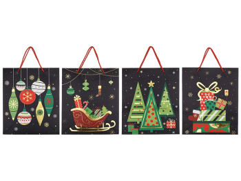 Пакет подарунковий 41см з новорічним принтом у гліттері, 4 дизайни (ціна за 1шт)