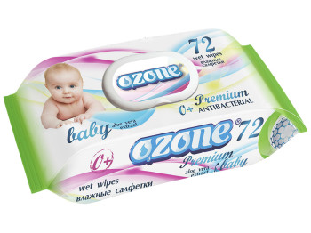 Вологі серветки дитячі Ozone Premium з екстрактом алое вера антибактеріальні 72шт з клапаном