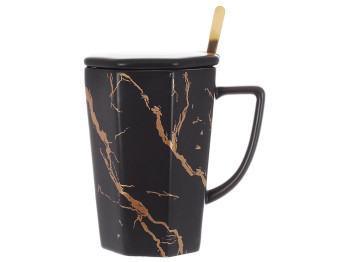 Кухоль порцеляновий заварювальний з кришкою і ложкою Мармурова розкіш, 350мл, колір - чорний із золо