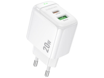 Зарядний пристрій Borofone BAS44A, 1USB-C+1USB, PD/QC 3.0, 20Вт, 185×82×30мм, колір білий