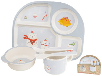 Набор детской бамбуковой посуды 5 предметов Stenson Медвежонок (2 тарелки, вилка, ложка, чашка)