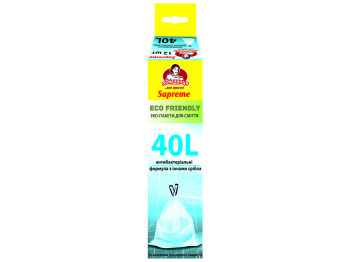 Пакеты для мусора с затяжками Помічниця Supreme ECO FRIENDLY LDPE антибактериальные 40л 12шт