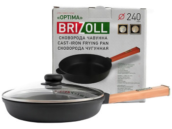 Сковорода чугунная со стеклянной крышкой Brizoll, 24х4,65см с ручкой Optima, O2440-P-C