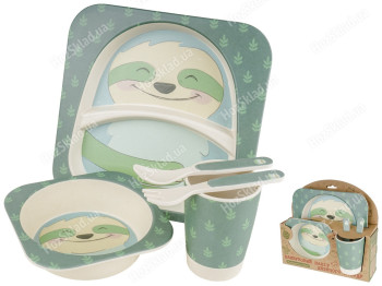 Набор детской бамбуковой посуды 5 предметов Stenson Ленивец (2 тарелки, вилка, ложка, стакан)