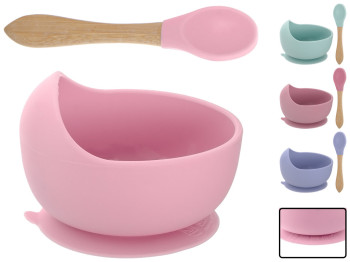 Тарелка глубокая силиконовая на присоске с ложкой Stenson Kids 12х12х8см, ложка 14см