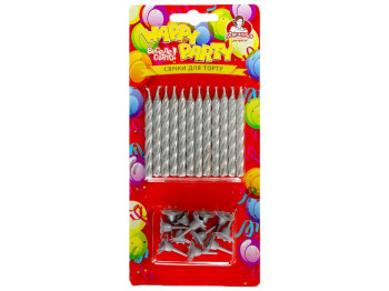 Свечки для торта серебряные с подставками Помічниця Happy party 6см 12шт