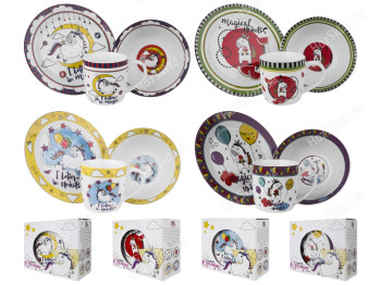 Набор посуды детской фарфоровой Единорог микс 3 предмета (тарелка, салатник, чашка)