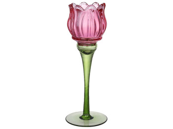 Подсвечник стеклянный Тюльпан, 27см, цвет - ярко-розовый с зеленым