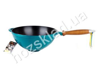 Кастрюля чугунная WOK эмал. глянц. Ситон с деревянной ручкой 26x12см 3.5л зеленая 02040