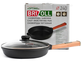 Сковорода чугунная Brizoll "Optima" стеклянная крышка, съемная ручка D24см, 44,3х25х10,1см О2440-Р-С
