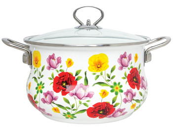 Каструля емальована з кришкою Benson, біла з малюнком, 1,9л