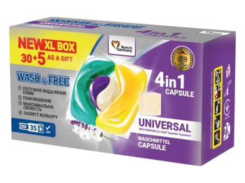 Капсулы для стирки Wash&Free жасмин и лаванда с марсельским мылом, четырёхкомпонентные, 35 штук