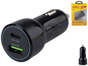 Автомобильное зарядное устройство для VOIN 51W, 1USB QC3,0 18W + 1PD 33W, 12,24V