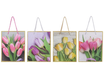 Пакет подарочный 32см с принтом Тюльпаны в глиттере, 4 дизайна (цена за 1шт)