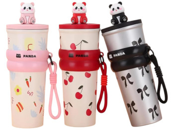 Термос детский Panda, с трубочкой и ремешком, нержавеющая сталь, силикон, 700мл, 3 дизайна