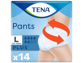 Подгузники‑трусики Tena Pants Plus, размер L, анатомическая форма, 6 капель, 100–135см, 14шт