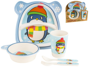 Набор детской бамбуковой посуды 5 предметов Stenson Пингвин (2 тарелки, вилка, ложка, чашка)