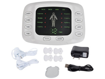 Массажер-миостимулятор, 4 электрода, 8 режимов, дисплей, питание от сети и батареек, цвет белый