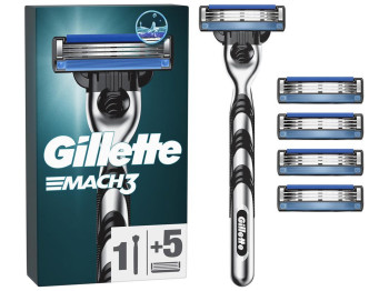 Станок для бритья Gillette Mach3, с 5 сменными кассетами, 3 лезвия, нержавеющая сталь, цвет черный
