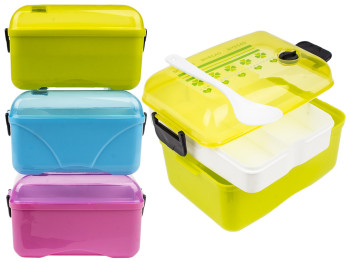 Ланч-бокс пластиковый с ложкой и съемным контейнером на 2 отсека 975мл расцветка ассорти