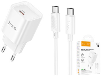 Мережевий зарядний пристрій Hoco C146A 1USB-C PD/QC 20W+Type-C to Type-C, колір бiлий