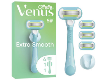 Станок для бритья Venus Extra Smooth, 4 сменных картриджа, держатель, пластик, сталь, цвет голубой