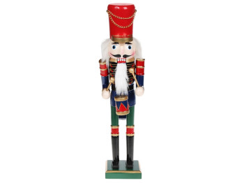 Новорічний декор Лускунчик із барабаном, колір - червоний із синім і зеленим, 38см