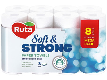 Полотенца бумажные Ruta Soft Strong, 3х слойные, 8 рулонов, белые