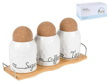 Набір банок на бамбуковій підставці, фарфор, 350мл, колір білий (ціна за 4 предмети)