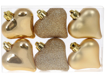 Набір ялинкових прикрас Серця 6см, колір - золото (ціна за набір 6шт)