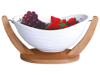 Фруктовница фарфоровая на бамбуковой подставке White Classic 11,5" 29х13х13см