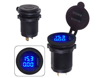 Автомобильне зарядне USB + Вольтметр + Aмперметр в планку 12-24V 2.1A (10621 USB-12-24V 2.1A Blu)