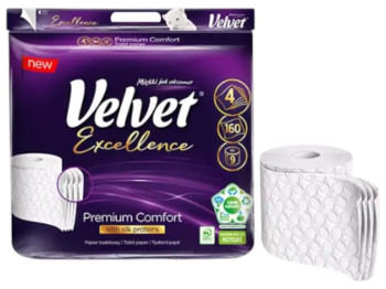 Бумага туалетная Velvet Excellence, 4 слоя, 160 листков, 9 рулонов, цвет белый