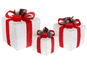 Набор декоративных подарков, 15см, 20см, 25см, цвет - белый с красным бантом (цена за набор 3шт)