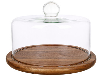 Підставка для торта та тістечок з кришкою, акація, скло, 26×18 см