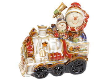 Декоративная керамическая статуэтка Снеговики на паровозе с LED подсветкой, 18см