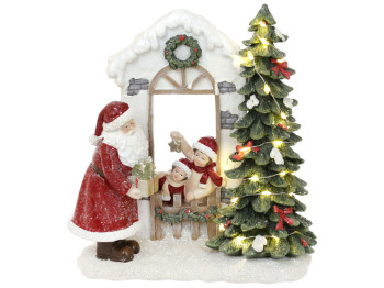 Новогодний декор Санта Клаус дарит подарки детям возле елки с LED подсветкой, 22см