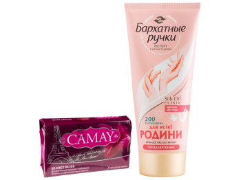 Крем для рук Бархатные ручки "Для всей семьи" 200мл + подарок мыло Camay "Тайное наслаждение" 85г