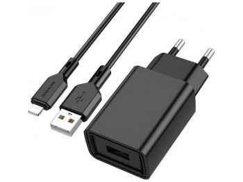 Мережевий зарядний пристрій Borofone BA68A Lightning 1USB 2.1A Колір Чорний