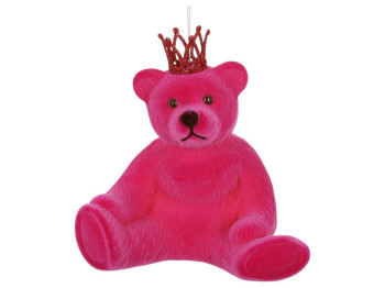 Украшение елочное Мишка с короной с флоковым напылением, пластик, 20×15,3×20см, цвет маджента