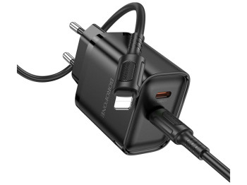 Сетевое зарядное устройство Borofone BA85A, 2×USB-C, 35Вт, QC/PD, Type-C to Lightning, цвет черный