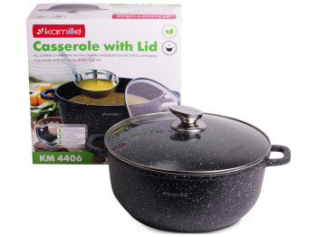 Каструля зі скляною кришкою Kamille алюмінієва з антипригарним покриттям Чорний мармур D28см 6,5л