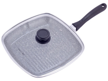 Сковорода-гриль Kamille з кришкою і антипригарним покриттям чорний мармур з литого алюмінію 28см